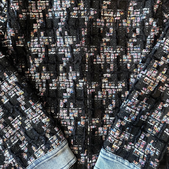 Ecru Black Mixed Media Tweed Houndstooth Denim Blazer Jacket Petite Small PS - Picture 10 of 13